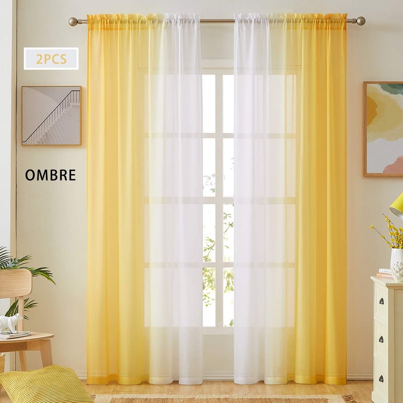 July Joy Ombre Faux Linen Sheer Curtains for Bedroom Living Room Rod Pocket, Privacy and Light Filtering, 2 Tone Reversible Gradient Voile Semi Window Curtains, Set of 2 Panels, Yellow, 54 x 72 Inch Length - Image 1